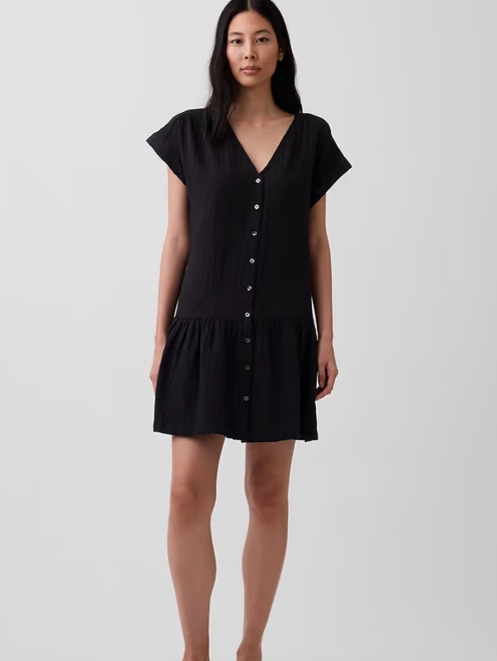 Gap Cotton Gauze Drop-Waist Shirtdress. Black. Large Tall.